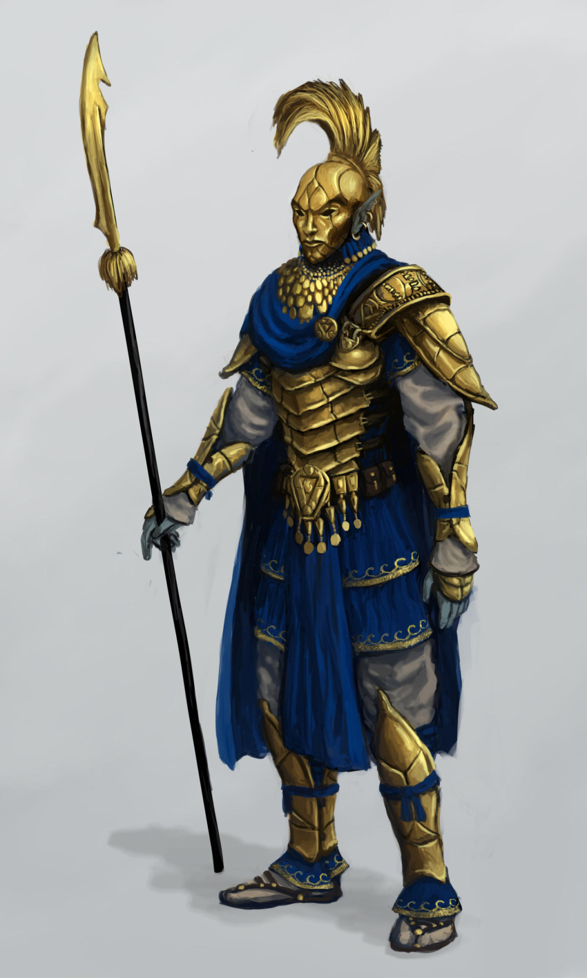1boy, absurdres, armor, blue_cape, blue_loincloth, blue_scarf, cape, colored_skin, commentary, english_commentary, full_body, gold_armor, gold_bracer, grey_background, grey_skin, highres, holding, holding_polearm, holding_weapon, male_focus, mohawk, ordinator_armor, ordinator_guard, ordinator_helmet, ornate_armor, polearm, sandals, scarf, shoulder_armor, spear, standing, swietopelk, the_elder_scrolls, the_elder_scrolls_iii:_morrowind, weapon