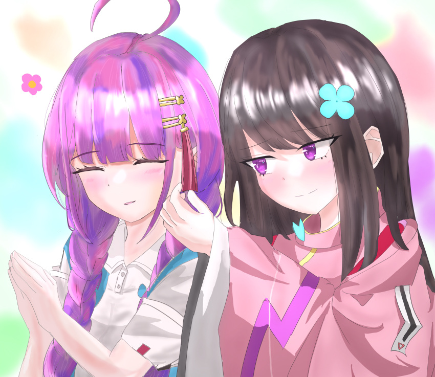 2girls, absurdres, ahoge, bgcl_mbjr_ill, black_hair, braid, closed_eyes, commentary_request, date_akari, flower, hair_flower, hair_ornament, hairpin, heaven_burns_red, highres, multiple_girls, nikaidou_misato, pink_hair, violet_eyes, yuri