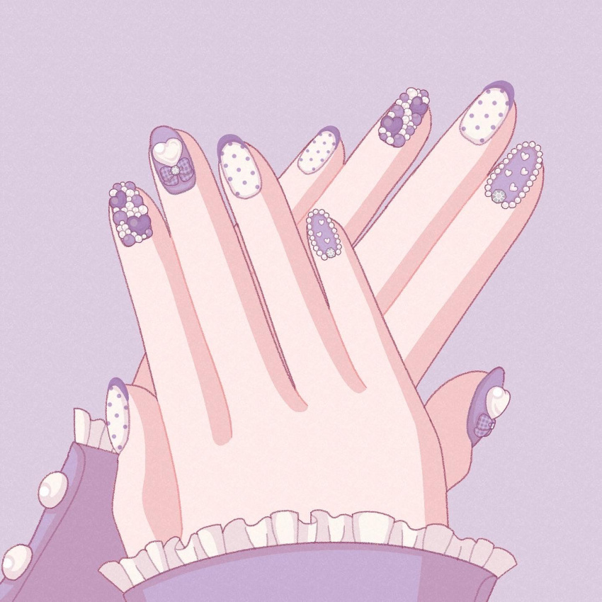 1girl, bow_print, commentary, frilled_sleeves, frills, hand_focus, heart-shaped_ornament, highres