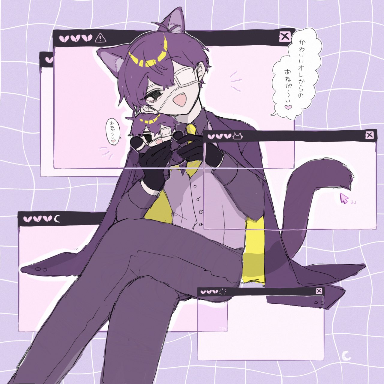 1boy, :d, animal_ears, black_gloves, buttons, cat_boy, cat_ears, character_doll, commentary_request, crossed_legs, doll, dress_shirt, eyepatch, fang, feet_out_of_frame, gloves, head_tilt, highres, hyoutenka_30-do_no_zetsubou, jacket, jacket_on_shoulders, lapels, long_sleeves, looking_at_viewer, necktie, om0_de, pants, pink_vest, purple_hair, purple_jacket, purple_pants, shirt, short_hair, smile, translation_request, vest, window_(computing), xx_(mitsudomoe_koubou), yellow_necktie