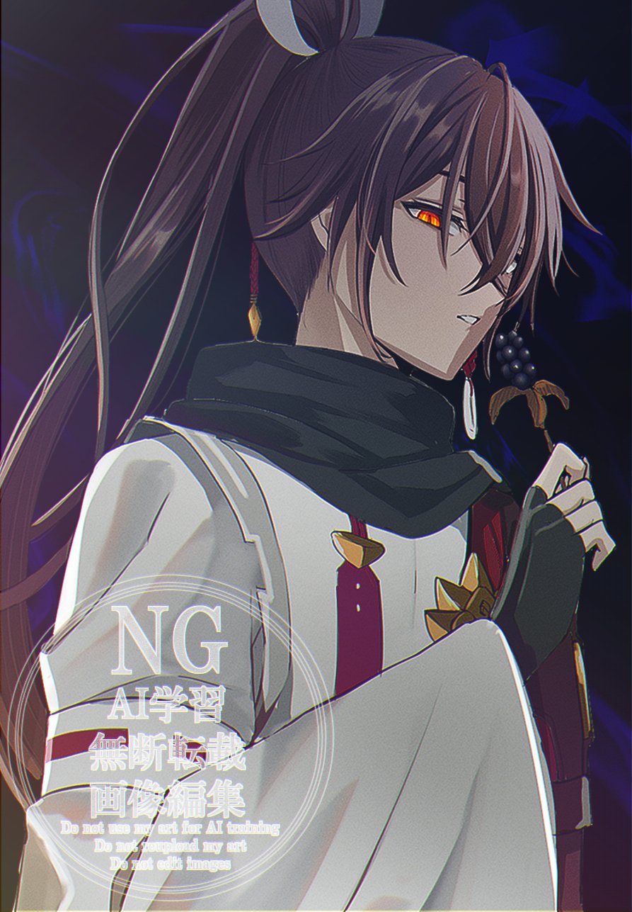 1boy, black_scarf, brown_hair, grey_kimono, hair_between_eyes, high_ponytail, highres, japanese_clothes