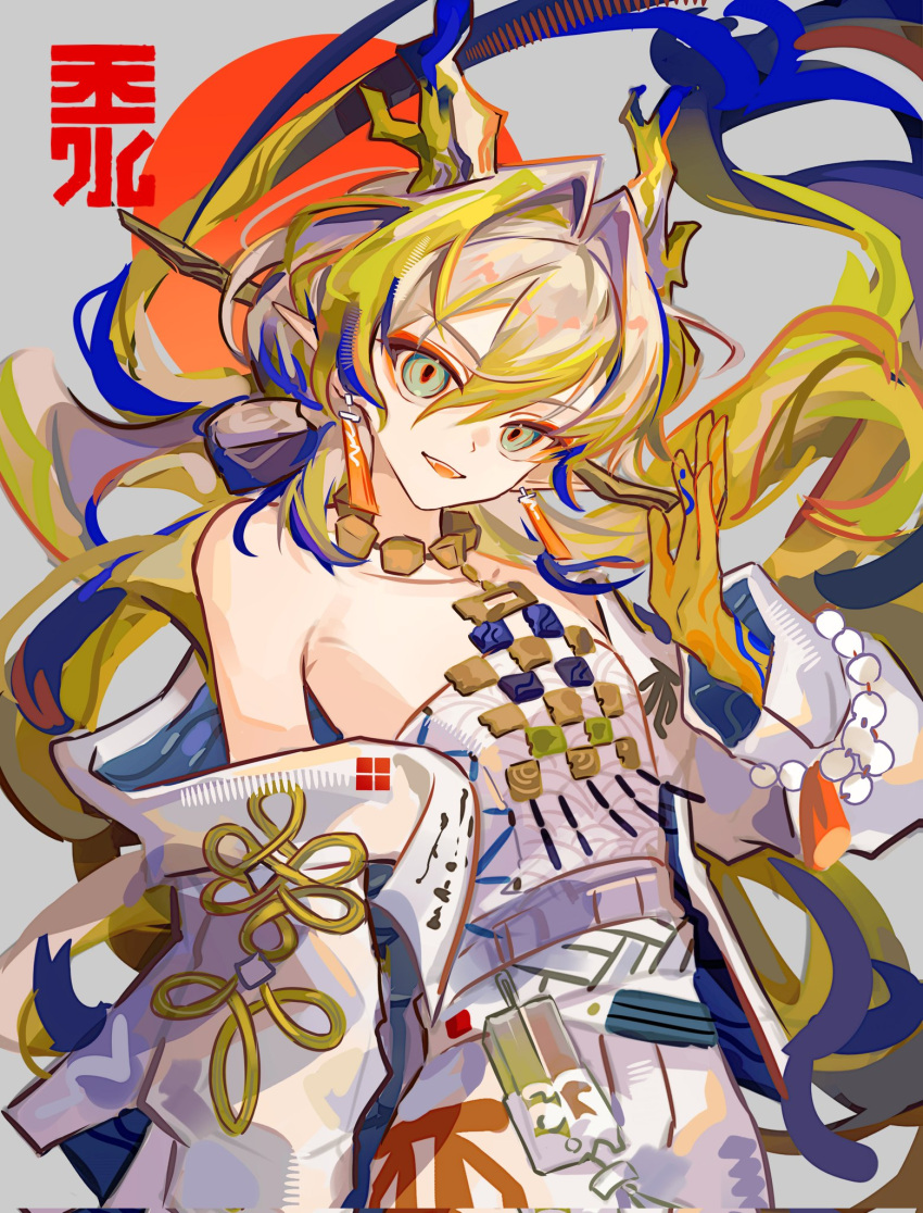 arknights, bare_shoulders, blonde_hair, blue_hair, bracelet, chinese_clothes, chinese_text, chuichuihuahewu