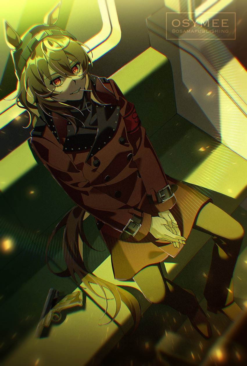 1girl, animal_ears, aragaki_shinjirou, aragaki_shinjirou_(cosplay), beanie, black_pants, brown_hair, coat