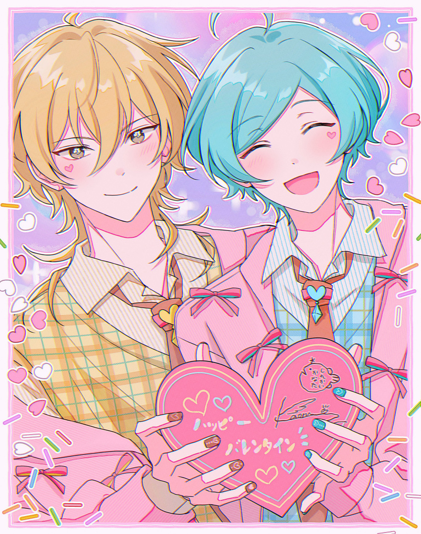 2boys, :d, absurdres, ahoge, aqua_hair, aqua_nails, blonde_hair, blue_shirt