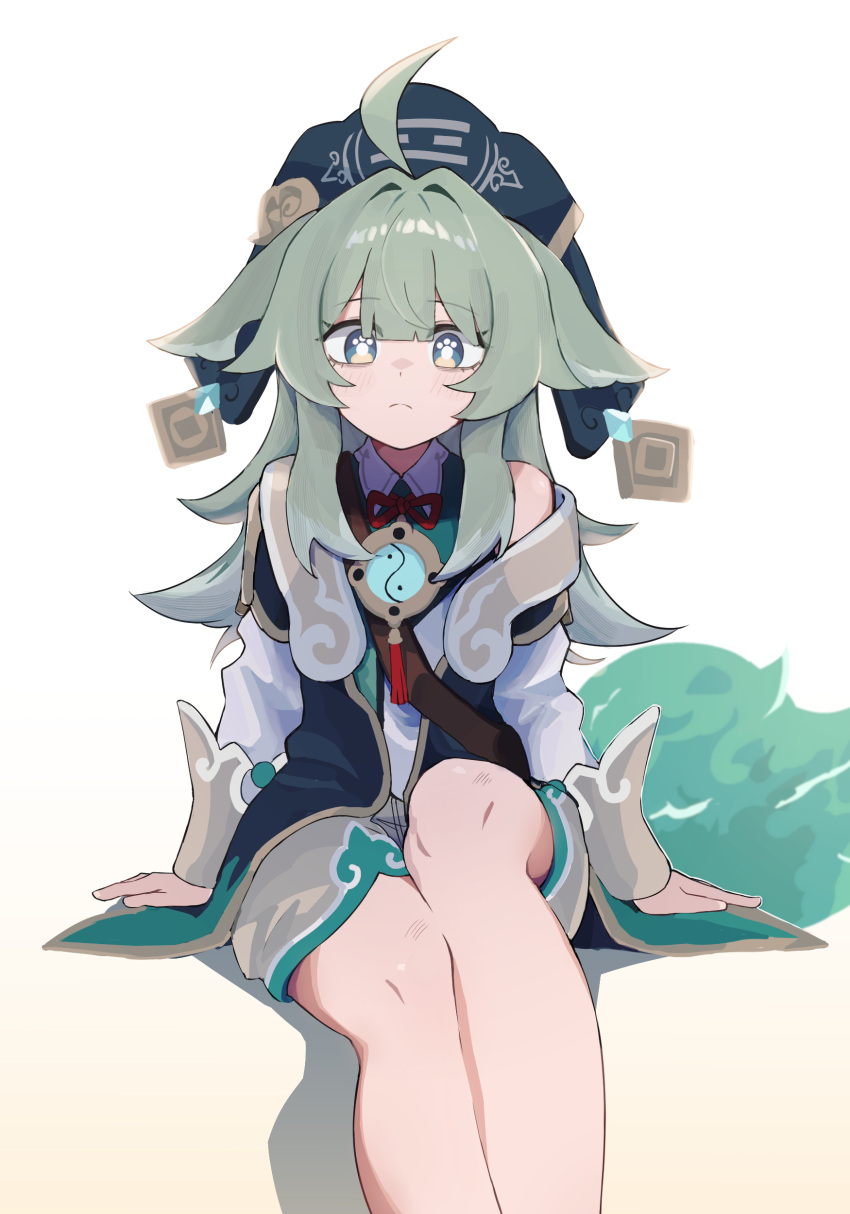 1girl, absurdres, ahoge, arm_support, blue_eyes, closed_mouth, commentary, english_commentary