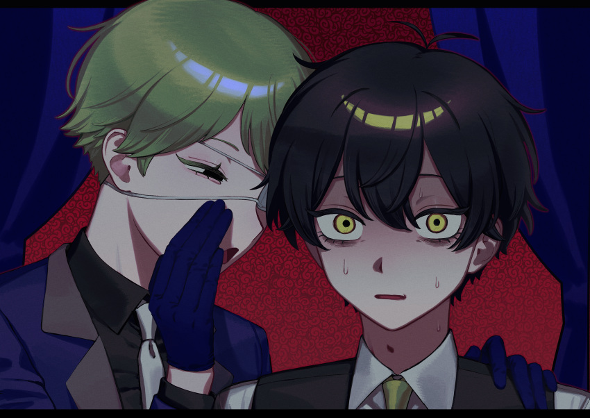 2boys, antenna_hair, bags_under_eyes, black_hair, black_shirt, black_vest, blonde_hair, blue_gloves
