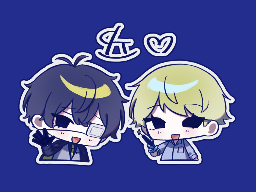 2boys, :d, black_eyes, black_hair, black_shirt, blonde_hair, blue_background, blue_shirt