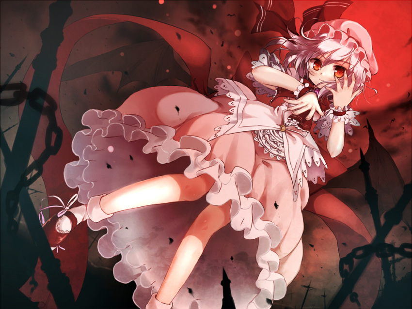 bat_wings, bubble_skirt, chain, dress, embellished_costume, frills, full_moon, hands, hat, looking_at_viewer, mondo, moon, orange_eyes, red_eyes, red_moon, red_sky, remilia_scarlet, short_hair, silver_hair, sky, socks, solo, touhou, white_legwear, wings, wrist_cuffs