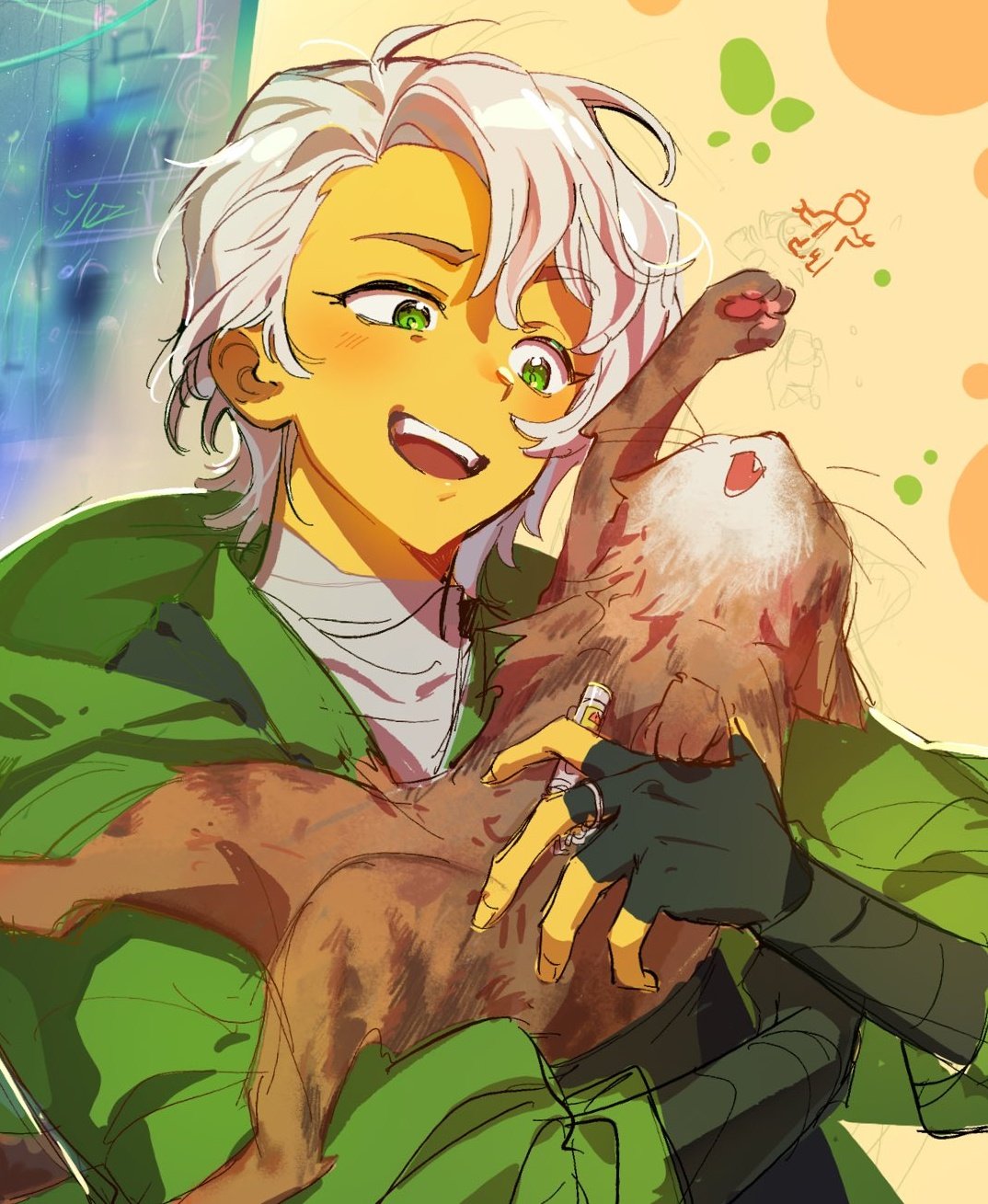 1boy, :d, animal, black_gloves, blush, cat, colored_skin, fingerless_gloves