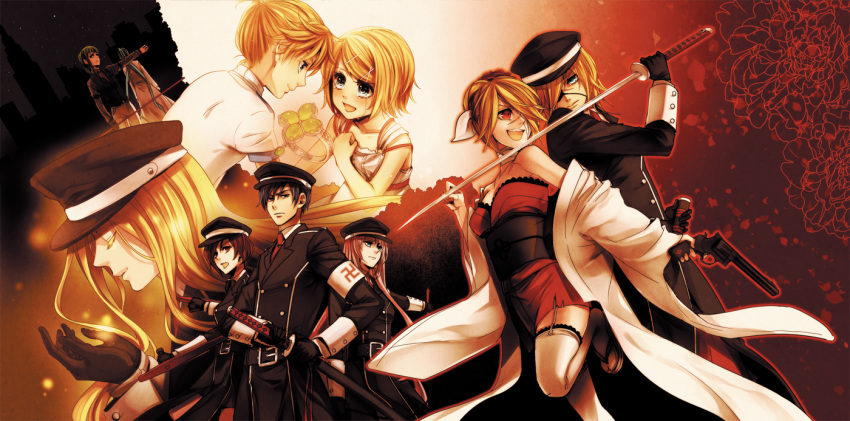 dress, eyepatch, garter_belt, gumi, gun, hat, hatsune_miku, kagamine_len