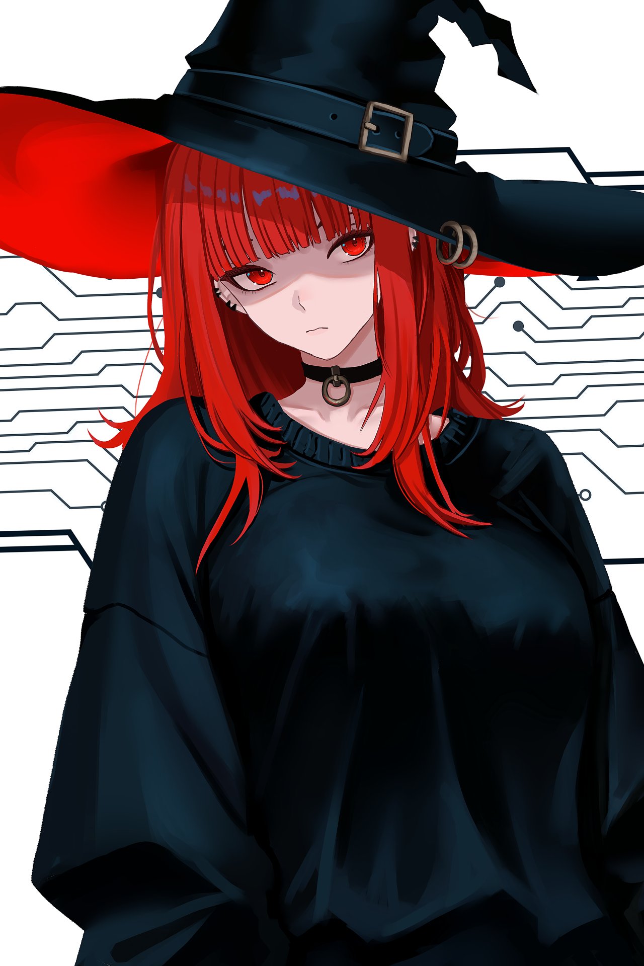 1girl, black_choker, black_hat, black_sweater, breasts, choker, commentary, ear_piercing