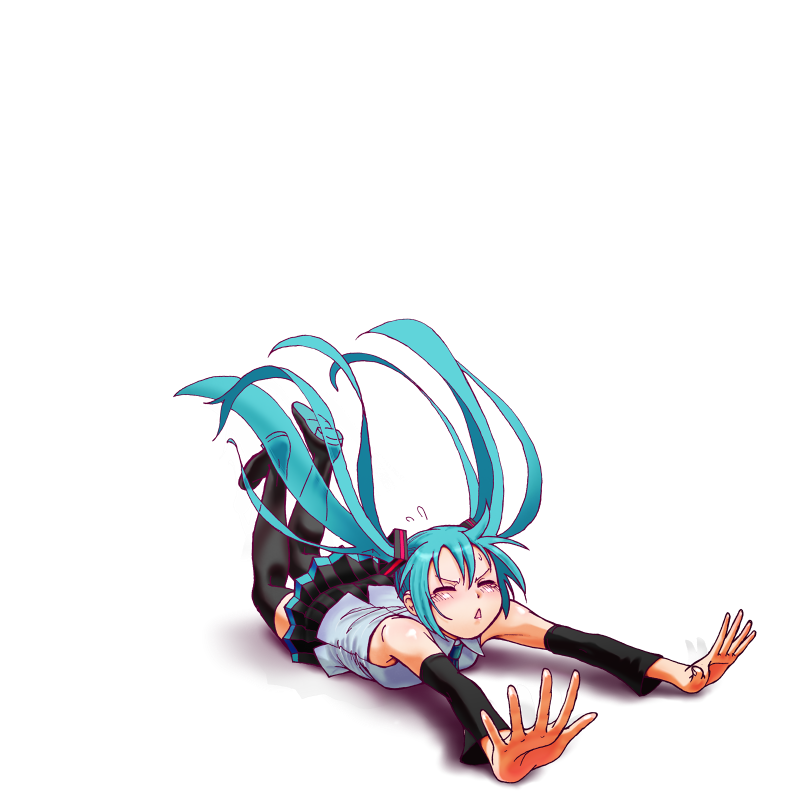 aqua_hair, aqua_necktie, aqua_trim, black_boots, black_skirt, boots, closed_eyes, collared_vest
