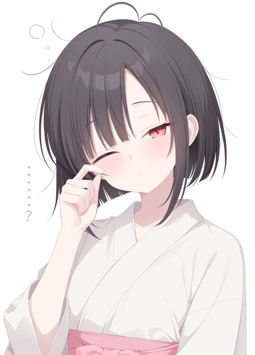 ...?, 1girl, black_hair, blunt_bangs, blunt_ends, blush, bob_cut, closed_mouth