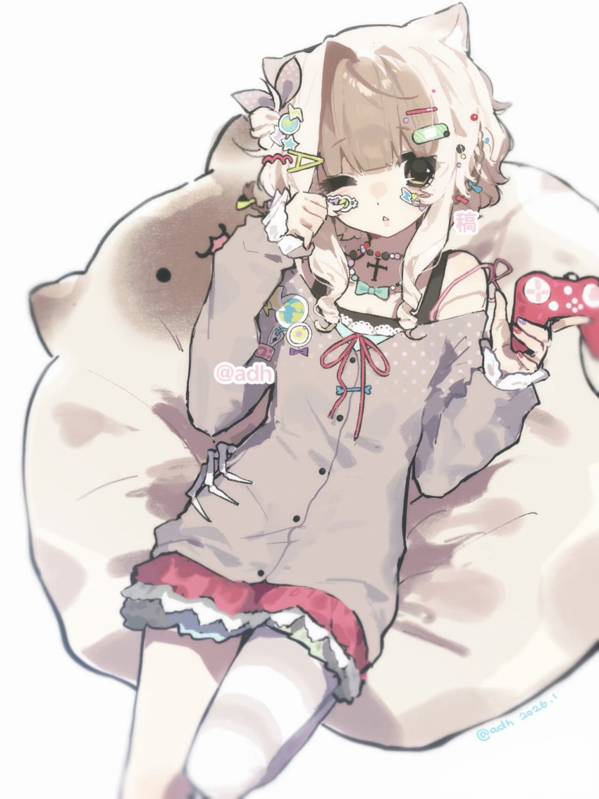 1girl, adh_shi_shei, animal_ears, bead_necklace, beads, black_tank_top, blonde_hair, blunt_bangs