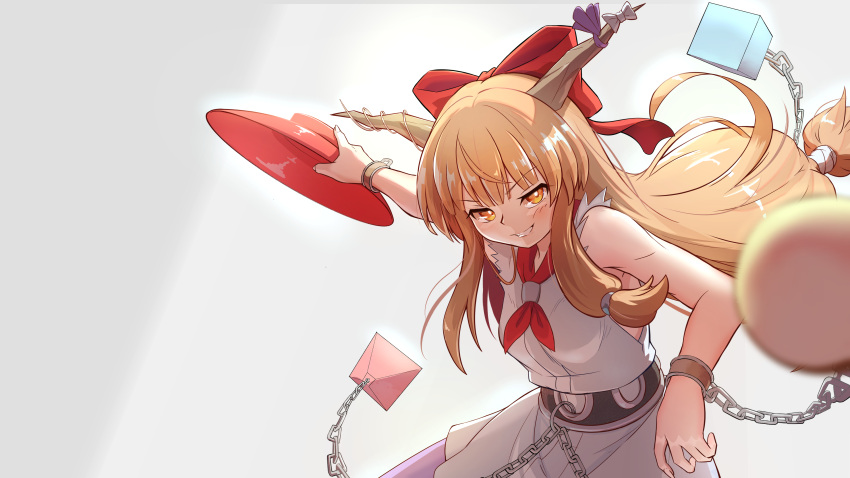 1girl, absurdres, ball_and_chain_restraint, blonde_hair, bow, breasts, brown_horns, commentary_request