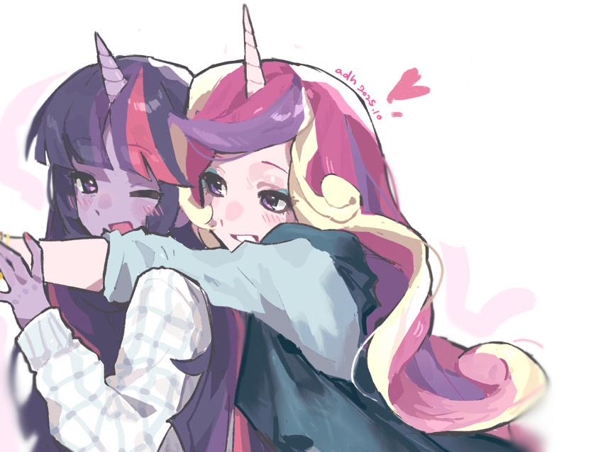 2girls, ;d, adh_shi_shei, animification, blonde_hair, blue_eyeshadow, blue_shirt, blunt_bangs, blush, colored_skin, dated, eye_contact, eyeshadow, gingham_shirt, grin, heart, highres, horns, hug, hug_from_behind, long_hair, long_sleeves, looking_at_another, makeup, multicolored_hair, multiple_girls, my_little_pony, my_little_pony:_equestria_girls, my_little_pony:_friendship_is_magic, one_eye_closed, pink_hair, pink_skin, princess_cadance, principal_cadance, purple_hair, purple_skirt, shirt, signature, simple_background, single_horn, sisters-in-law, skirt, smile, twilight_sparkle, twilight_sparkle_(human), unicorn_girl, unicorn_horn, very_long_hair, white_background, yuri