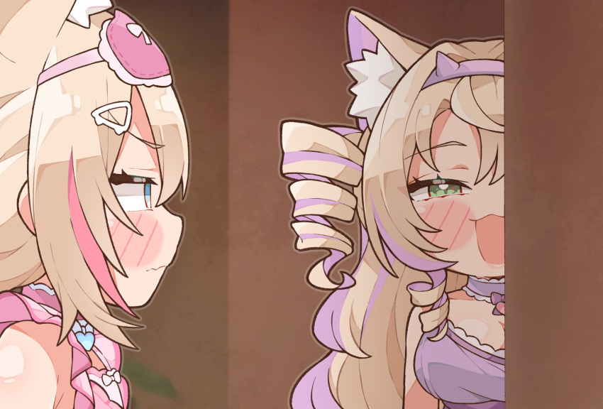 2girls, animal_ear_fluff, animal_ears, babydoll, blonde_hair, breasts, commentary, curly_sidelocks
