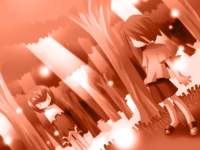 1boy, 1girl, 2000s_(style), capelet, dress, faceless, forest, game_cg