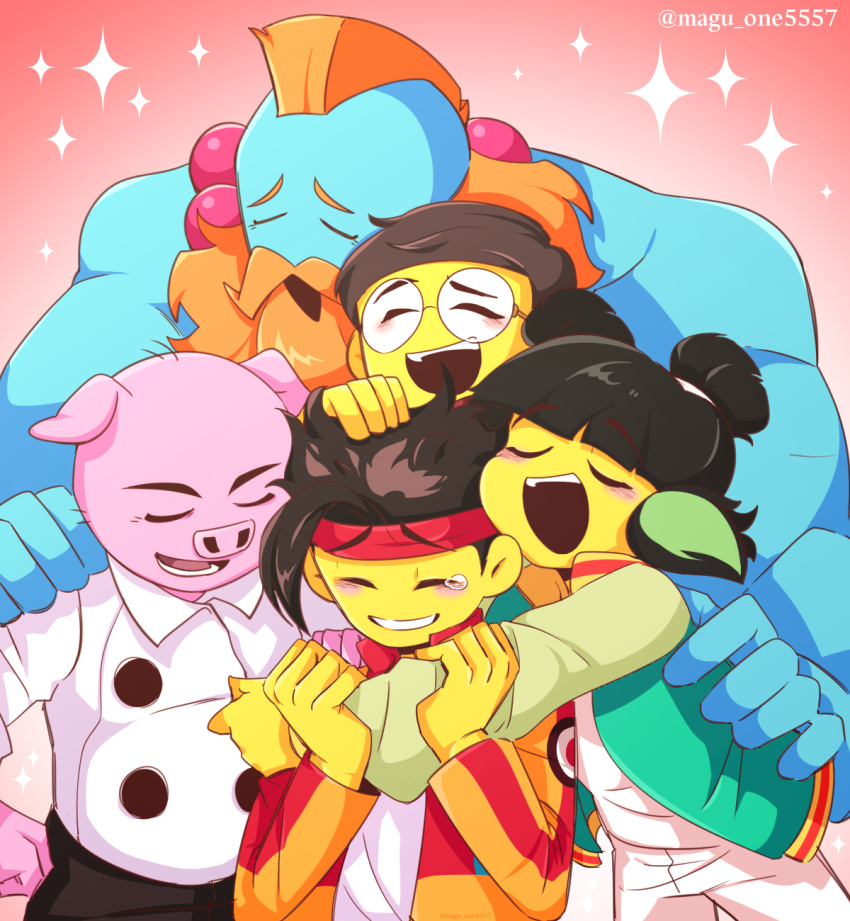 1girl, 4boys, ^_^, animification, artist_name, beard, black_hair, blue_skin, blunt_bangs, blush, closed_eyes, colored_skin, commentary_request, demon_boy, double_bun, eyebrows_visible_through_headband, facial_hair, furry, furry_male, glasses, green_jacket, group_hug, hair_bun, hand_on_another's_head, hand_on_another's_shoulder, headband, highres, hug, jacket, korean_commentary, magu_5557, mei_dragon, mk_(monkie_kid), mohawk, monkie_kid, multiple_boys, open_clothes, open_jacket, open_mouth, orange_hair, orange_jacket, pants, pig_boy, pigsy_(monkie_kid), red_headband, round_eyewear, sandy_(monkie_kid), shirt, short_hair, smile, sparkle, tang_(monkie_kid), tearing_up, twitter_username, u_u, white_pants, white_shirt, yellow_skin