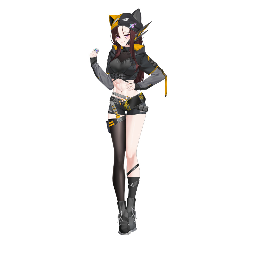 1girl, abs, absurdres, animal_hat, asymmetrical_legwear, belt, boots, breasts, brown_hair, cat_hat, cat_headgear, commission, commissioner_upload, crop_top, cropped_jacket, dusk_(wayanfa), hand_on_own_hip, hat, highres, knees, long_sleeves, multiple_belts, non-web_source, original, pink_eyes, rhan, short_shorts, shorts, small_breasts, smile, steam_deck, thigh-highs, uneven_legwear