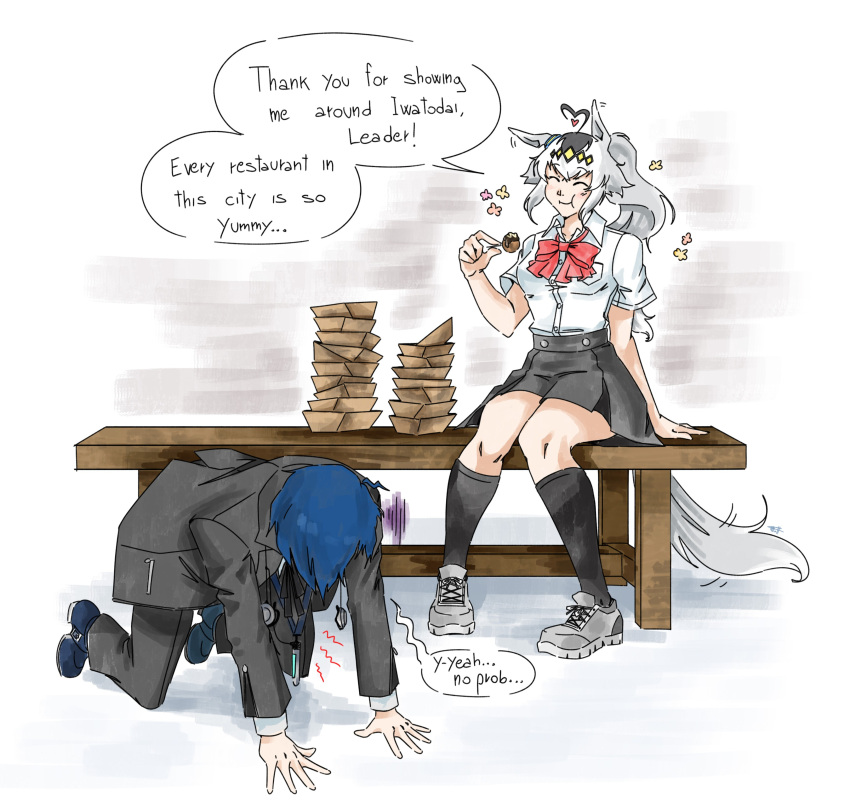 1girl, absurdres, ahoge, animal_ears, black_jacket, black_pants, black_socks, blue_hair