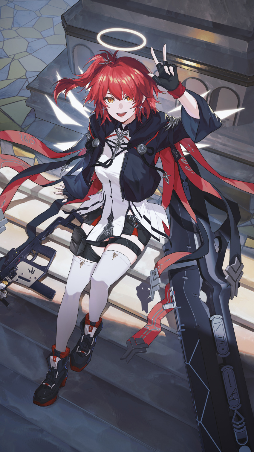 1girl, absurdres, arknights, black_gloves, black_jacket, black_shorts, cola-alter, earrings