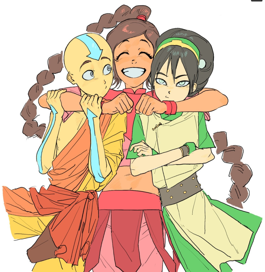 1boy, 2girls, aang, arrow_(symbol), arrow_tattoo, avatar:_the_last_airbender, avatar_legends, bald, blind, forehead_tattoo, head_tattoo, highres, hug, jab3302, monk, multiple_girls, smile, tattoo, toph_beifong, ty_lee