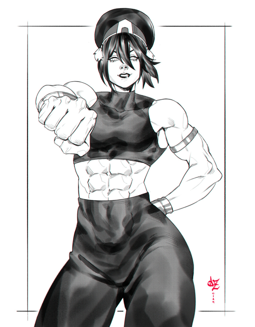 1girl, abs, absurdres, avatar:_the_last_airbender, avatar_legends, az_ciam, blind, crop_top, hat, highres, monochrome, muscular, muscular_female, pants, shirt, solo, tight_clothes, tight_pants, tight_shirt, toph_beifong