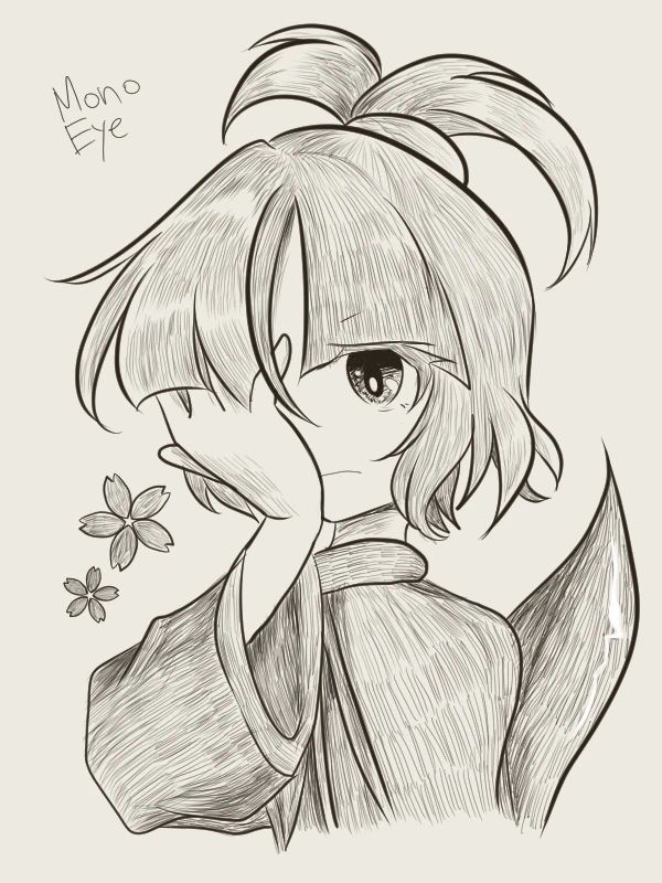 1other, adagumo_no_saragimaru, capelet, cherry_blossoms, closed_mouth, covering_one_eye, cropped_torso, english_text