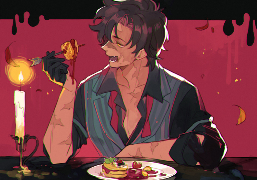 1boy, animification, bamboozlers_(wild_life_smp), black_gloves, black_shirt, brown_hair, candle, commentary