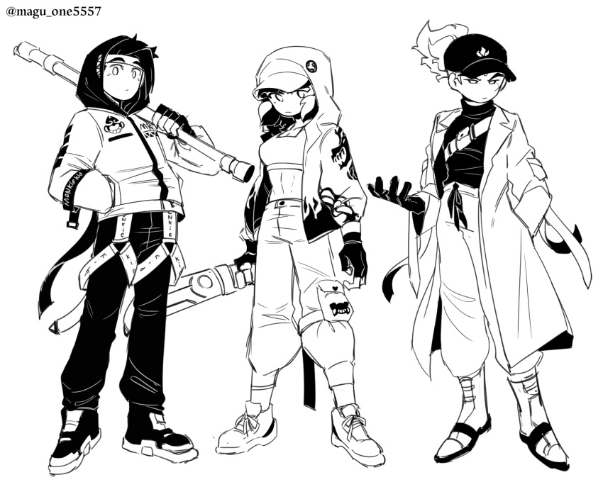 1girl, 2boys, alternate_costume, animification, artist_name, baseball_cap, belt_pouch, boots, character_name, chest_belt, closed_mouth, coat, commentary_request, cross_scar, dragon_print, facial_mark, fiery_hair, fingerless_gloves, flame_print, forehead_mark, full_body, gloves, greyscale, hand_in_pocket, hat, hat_under_hood, headband, highres, holding, holding_staff, holding_sword, holding_weapon, hood, hood_up, hooded_jacket, jacket, korean_commentary, lapels, long_hair, looking_at_viewer, magu_5557, mei_dragon, mk_(monkie_kid), monkie_kid, monochrome, multiple_boys, notched_lapels, open_clothes, open_coat, open_jacket, pants, ponytail, pouch, print_jacket, red_son_(monkie_kid), scar, scar_on_cheek, scar_on_face, shoes, short_hair, simple_background, sneakers, sports_bra, staff, standing, strap, sweatpants, sword, twitter_username, weapon