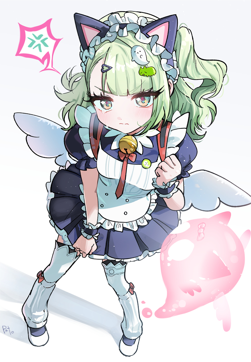 1girl, anger_vein, animal_ear_hairband, animal_ears, bell, black_dress, blush, cat_ear_hairband, cat_ears, clenched_hand, closed_mouth, commentary, dress, english_commentary, fake_animal_ears, from_above, ghost_hair_ornament, green_eyes, green_hair, grey_background, hair_ornament, hairband, heart, heart_hair_ornament, highres, karlcoux, looking_at_viewer, maid, maid_headdress, multiple_hair_clips, neck_bell, official_alternate_costume, red_bag, solo, spoken_anger_vein, sunna_(afternoon_tea_break)_(zenless_zone_zero), sunna_(zenless_zone_zero), tears, white_wings, winged_bag, wings, zenless_zone_zero