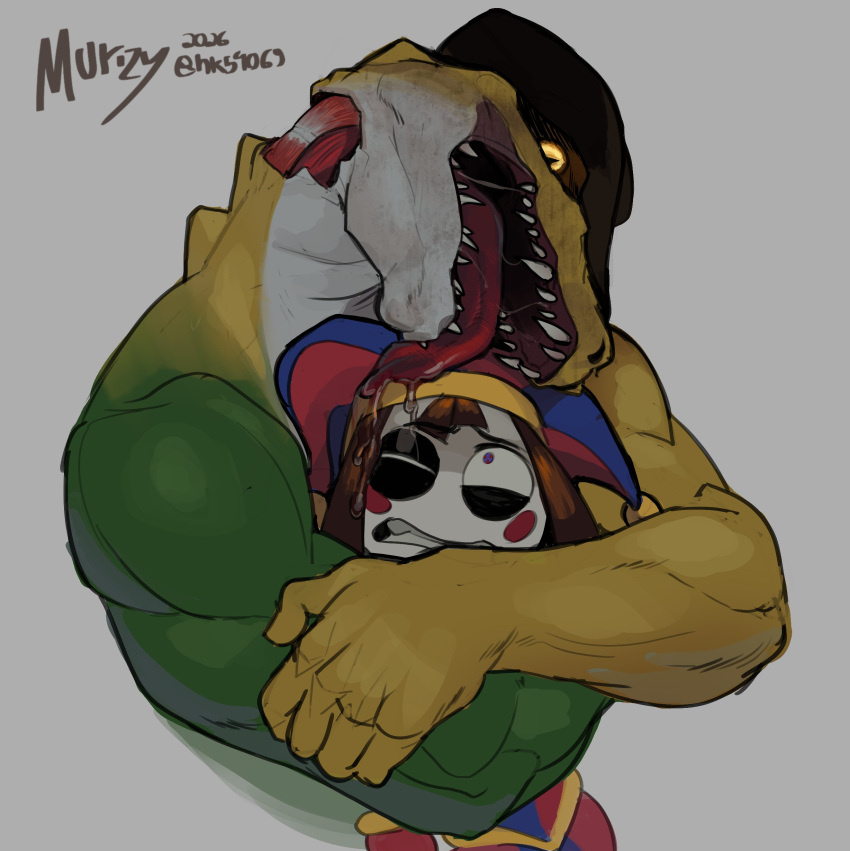 1boy, 1girl, absurdres, artist_name, broken_neck, brown_hair, clenched_teeth, cowboy_hat