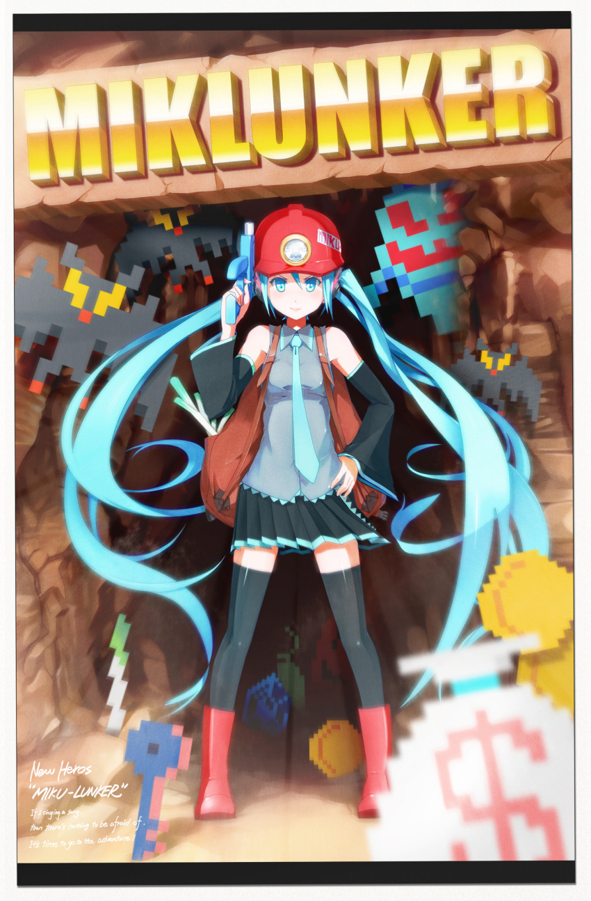 aqua_hair, bag, boots, detached_sleeves, gun, hand_on_hip, hardhat, hatsune_miku