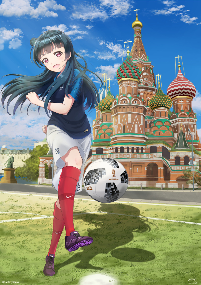 1girl, 2018_fifa_world_cup, :d, adidas, ball, blue_hair, building, commentary_request