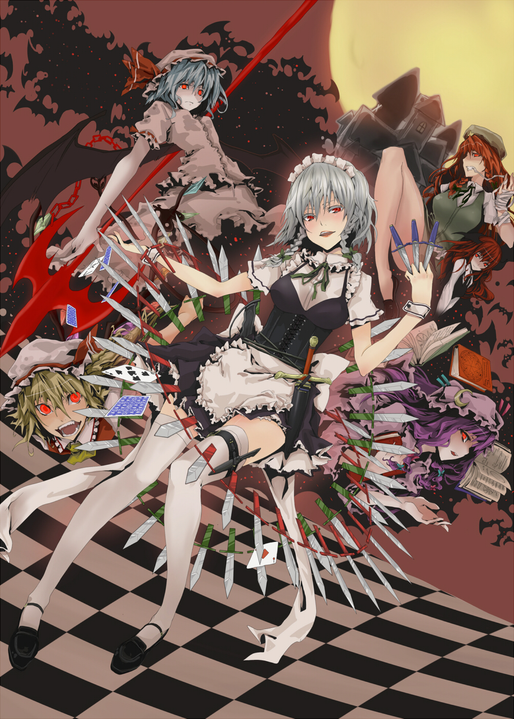 bat, bat_wings, blonde_hair, blue_hair, book, braid, card, checkered