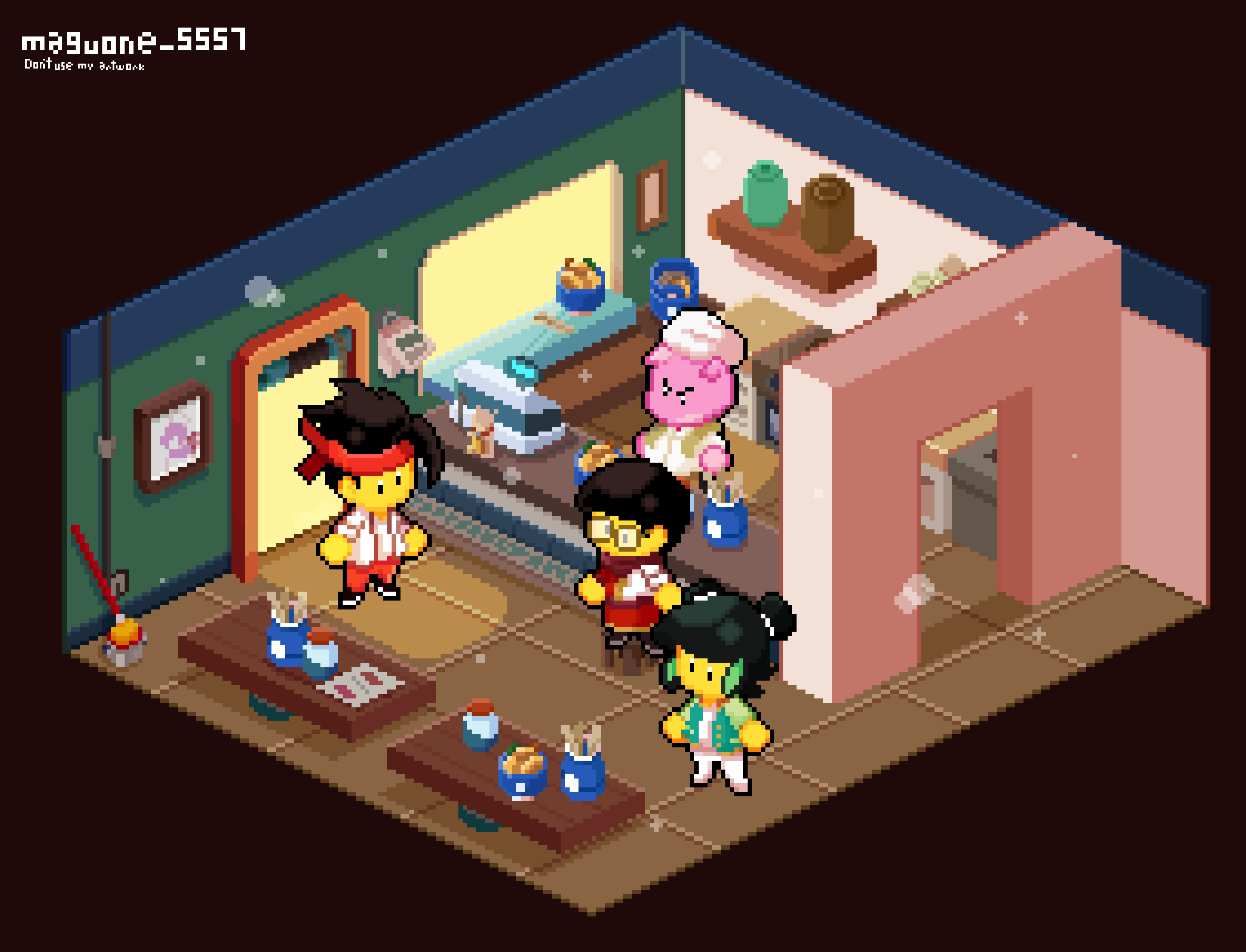 1girl, 3boys, artist_name, black_hair, bowl, brown_hair, cash_register, chef_hat