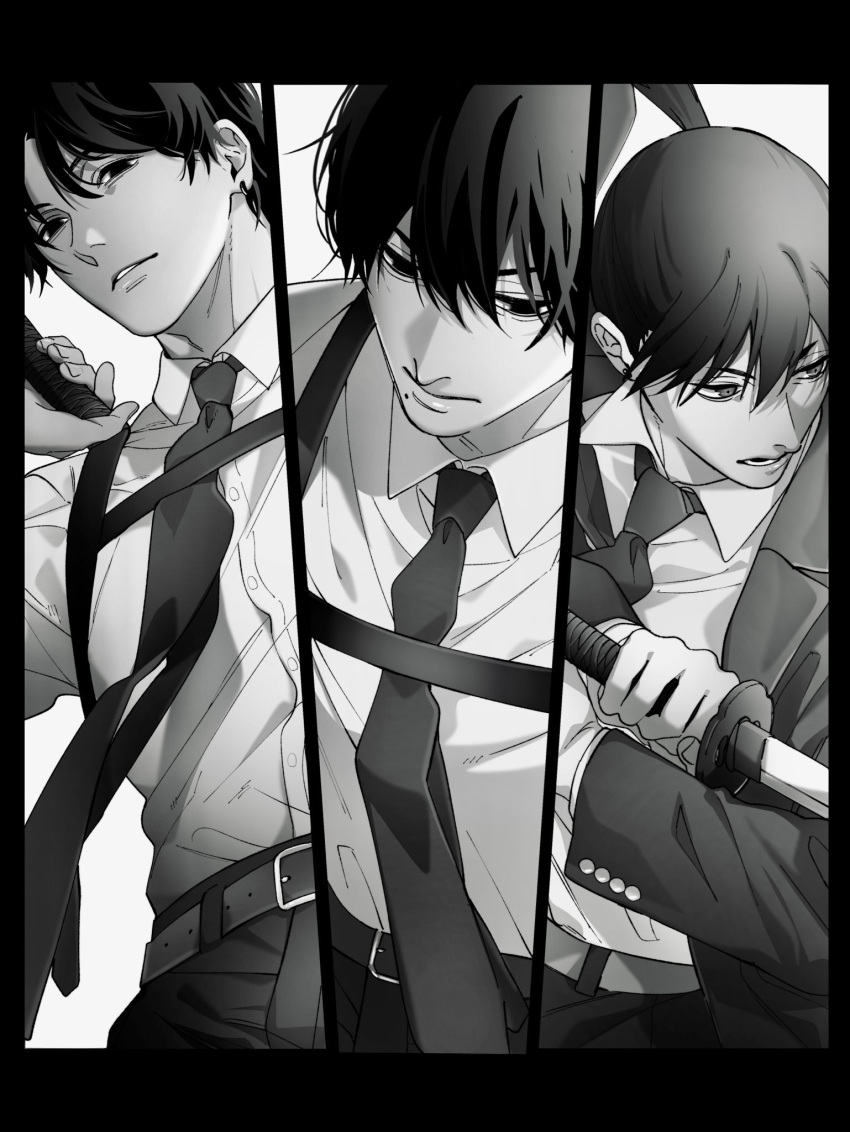 3boys, belt, black_border, border, chainsaw_man, chest_belt, closed_mouth, collared_shirt