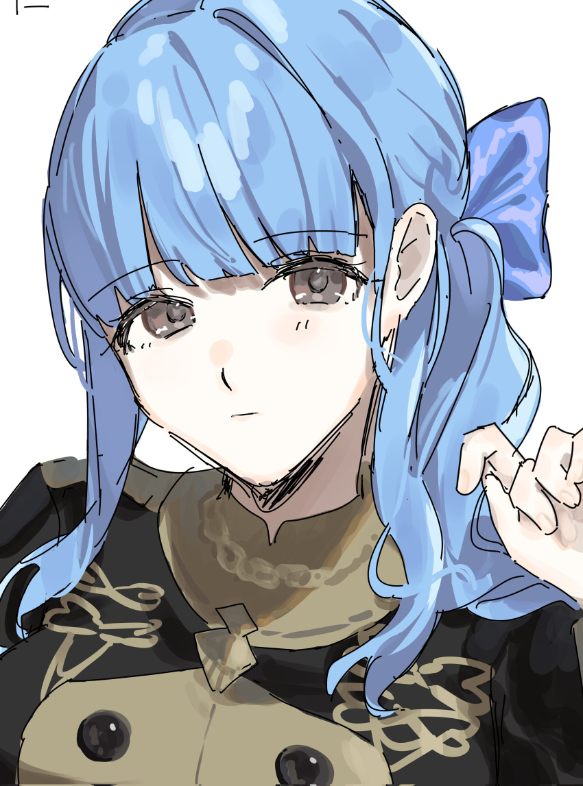 1girl, absurdres, alternate_hairstyle, blue_bow, blue_hair, bow, brown_eyes, closed_mouth