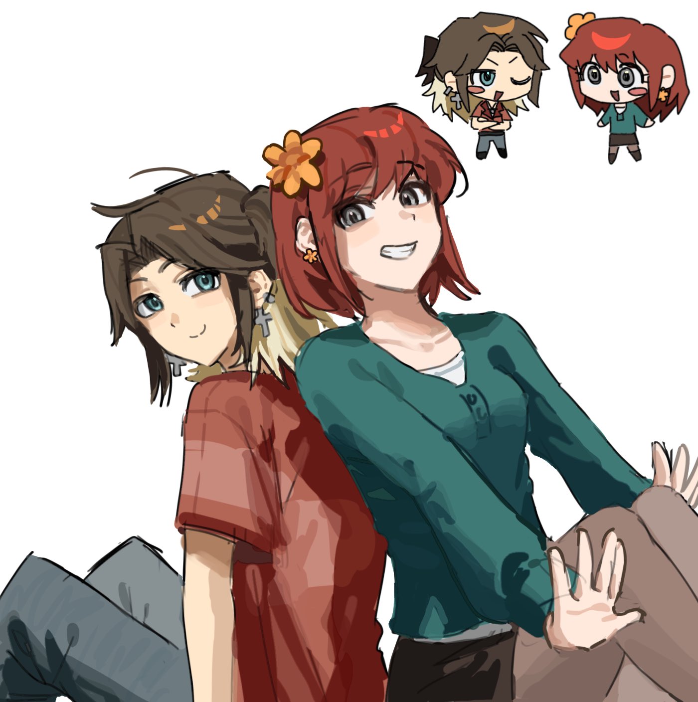 1boy, 1girl, aiden_(disventure_camp), animification, black_skirt, chibi, cross, cross_earrings