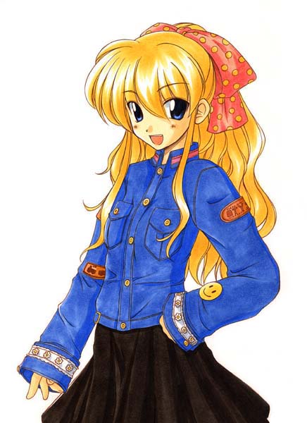 1girl, bad_id, black_skirt, blonde_hair, blue_eyes, blue_jacket, bow, breast_pocket, cowboy_shot, hair_between_eyes, hair_bow, hand_on_own_hip, hirasaka_makoto, jacket, kirara_(yoru_ga_kuru!), long_sleeves, looking_at_viewer, open_mouth, pocket, polka_dot, polka_dot_bow, ponytail, red_bow, simple_background, skirt, sleeves_past_wrists, smile, solo, standing, teeth, upper_teeth_only, wavy_hair, white_background, yoru_ga_kuru!