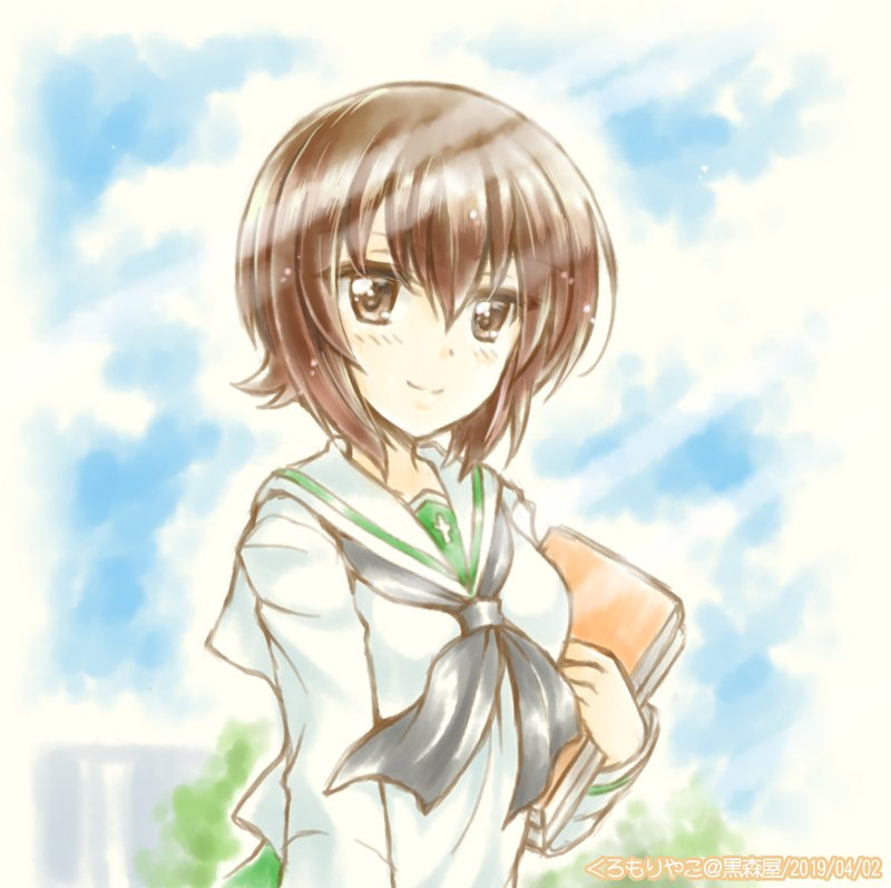 1girl, black_neckerchief, book, brown_eyes, brown_hair, commentary_request, girls_und_panzer, holding, holding_book, japanese_text, kuromori_yako, neckerchief, nishizumi_maho, ooarai_school_uniform, sailor_collar, school_uniform, shirt, short_hair, smile, white_sailor_collar, white_shirt