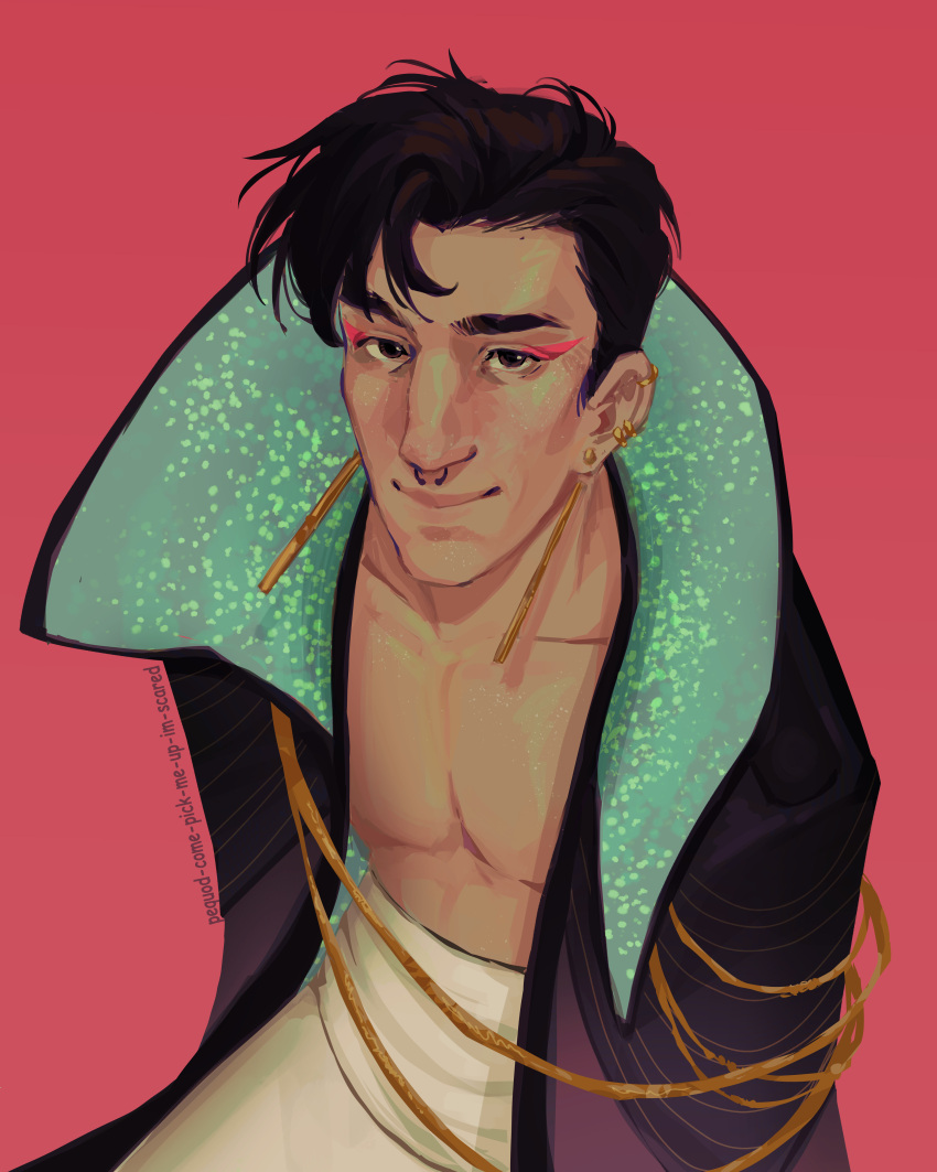 1boy, absurdres, aquiline_nose, black_hair, cheekbones, commentary, drawfee, drawtectives, earrings, english_commentary, eugene_finch, eyeliner, girly_boy, highres, jewelry, makeup, male_focus, nose, pectorals, pequod-come-pick-me-up-im-scared, pink_eyeliner, septum_piercing, short_hair, smile, smile_lines, solo, upper_body