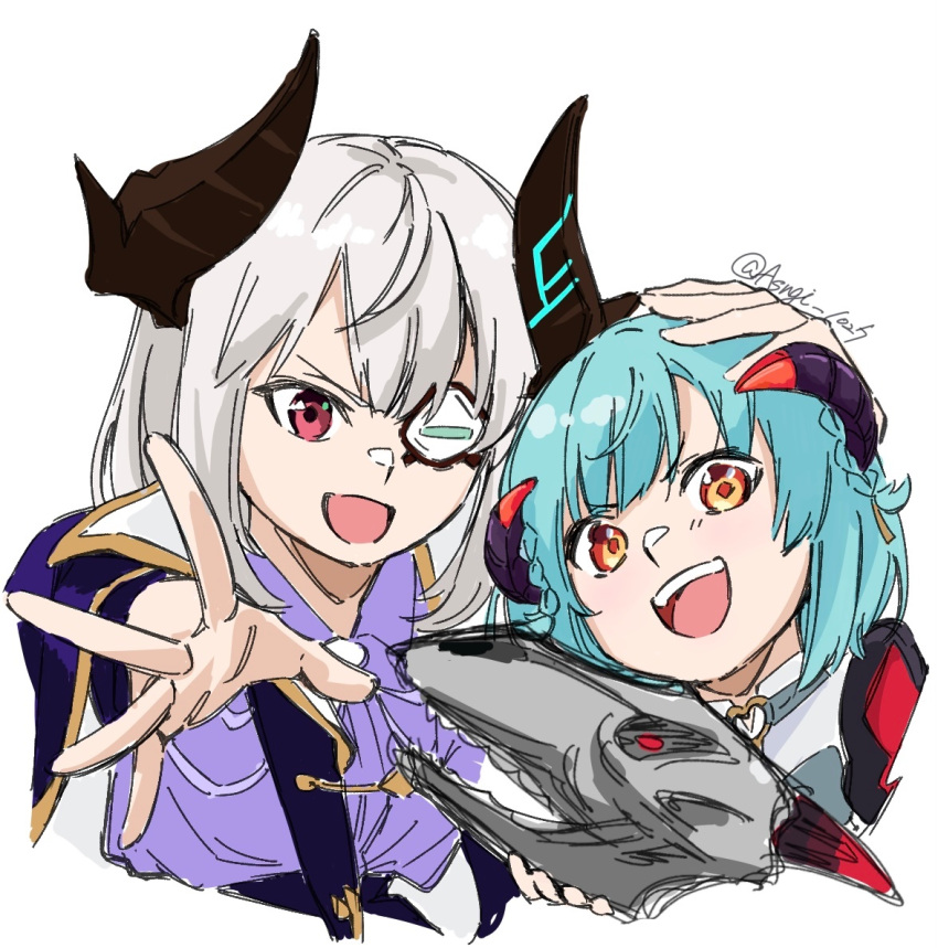 2girls, :d, asngi_1027hana, black_horns, blue_hair, blunt_bangs, bungo_yayoi, bungo_yayoi_(march_demon_army_snip!)