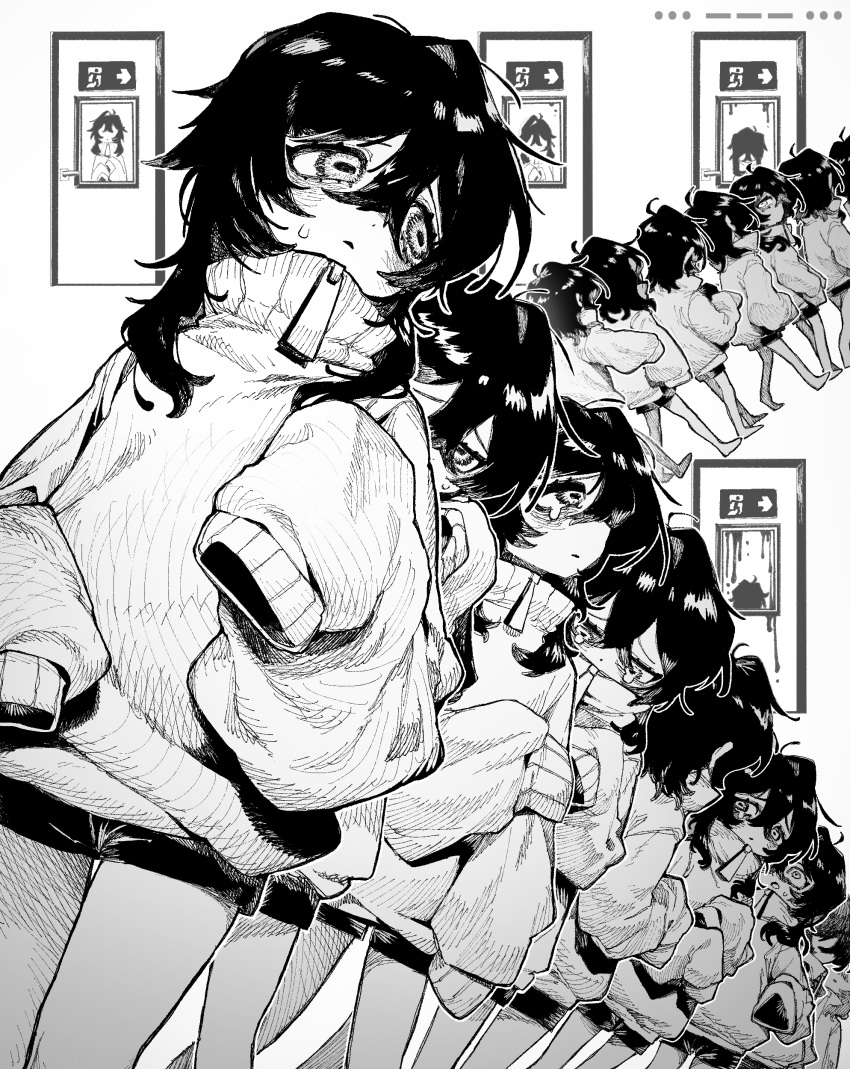 6+girls, absurdres, bags_under_eyes, barefoot, clone, commentary, crying, crying_with_eyes_open, door, english_commentary, exit_sign, greyscale, hair_between_eyes, hair_over_shoulder, hb_091, highres, horizontal_pupils, long_hair, looking_to_the_side, looping_the_rooms_(vocaloid), monochrome, morse_code, multiple_girls, nervous, short_shorts, shorts, simple_background, sleeves_past_fingers, sleeves_past_wrists, small_sweatdrop, sos, surreal, sweater, tears, turtleneck, turtleneck_sweater, zipper_pull_tab