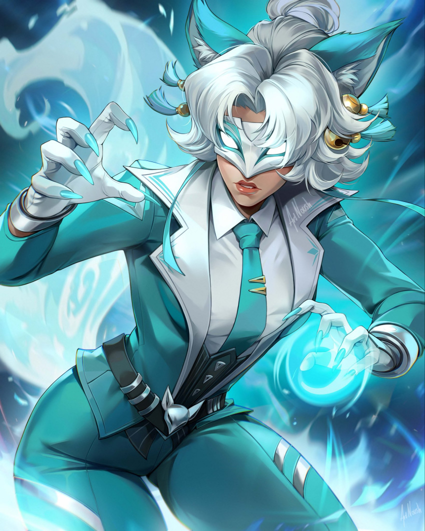 1girl, animal_ear_fluff, animal_ears, aqua_jacket, aqua_nails, aqua_necktie, aqua_pants, aqua_suit, artist_name, bell, claws, collared_shirt, commentary, contrapposto, covered_eyes, cowboy_shot, energy, english_commentary, eye_mask, fiery_tail, fingernails, fire, fox_ears, fox_girl, fox_tail, gloves, hair_bell, hair_bun, hair_ornament, hand_up, highres, jacket, lapels, lips, long_fingernails, long_sleeves, marvel, marvel_rivals, mask, necktie, noush, open_clothes, open_jacket, pants, parted_hair, parted_lips, sharp_fingernails, shirt, signature, single_hair_bun, solo, standing, suit, tail, tassel, tassel_hair_ornament, thighs, tie_clip, white_fox_(marvel), white_gloves, white_hair, white_shirt, wing_collar