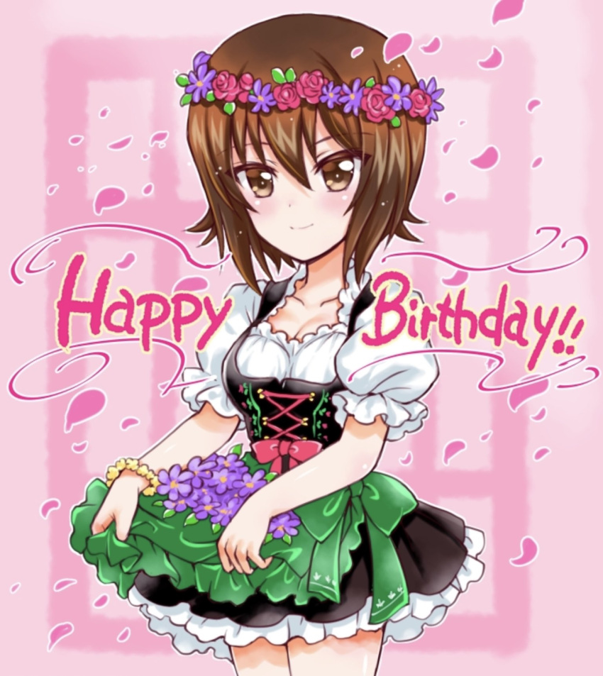 1girl, apron, bow, bracelet, brown_eyes, brown_hair, commentary_request, dirndl