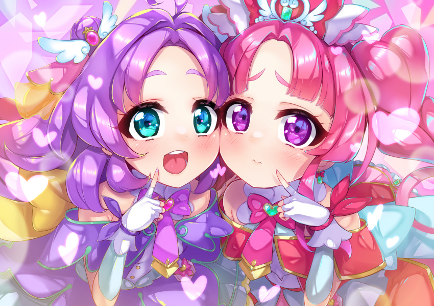 2girls, ahoge, akechi_anna, blue_eyes, blunt_bangs, blush, bow, braid, brooch, capelet, commentary_request, cure_answer, cure_mystique, double_bun, dress, earrings, fingerless_gloves, gatchu, glove_bow, gloves, hair_bow, hair_bun, hair_intakes, hair_ornament, heart, heart_brooch, heart_hair_ornament, heart_in_eye, highres, jewelry, kobayashi_mikuru, layered_dress, long_hair, looking_at_another, magical_girl, meitantei_precure!, multiple_girls, open_mouth, parted_bangs, pink_bow, pink_capelet, pink_dress, precure, purple_bow, purple_capelet, purple_dress, purple_hair, rainbow, red_bow, sidelocks, skirt, smile, symbol_in_eye, teeth, twin_braids, upper_teeth_only, very_long_hair, violet_eyes, white_gloves