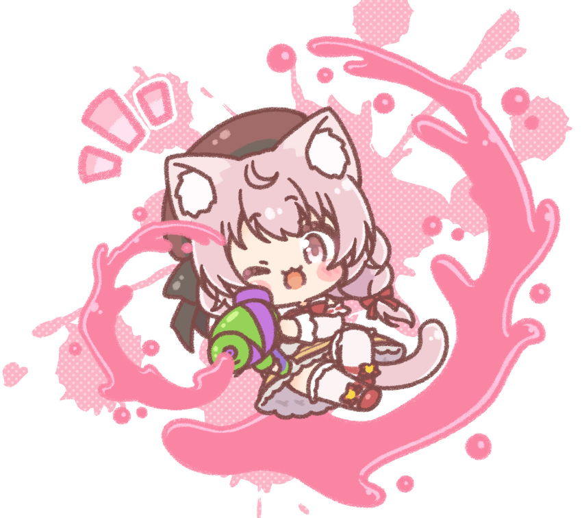 1girl, ;d, animal_ear_fluff, animal_ears, beret, blush_stickers, braid, brown_hat