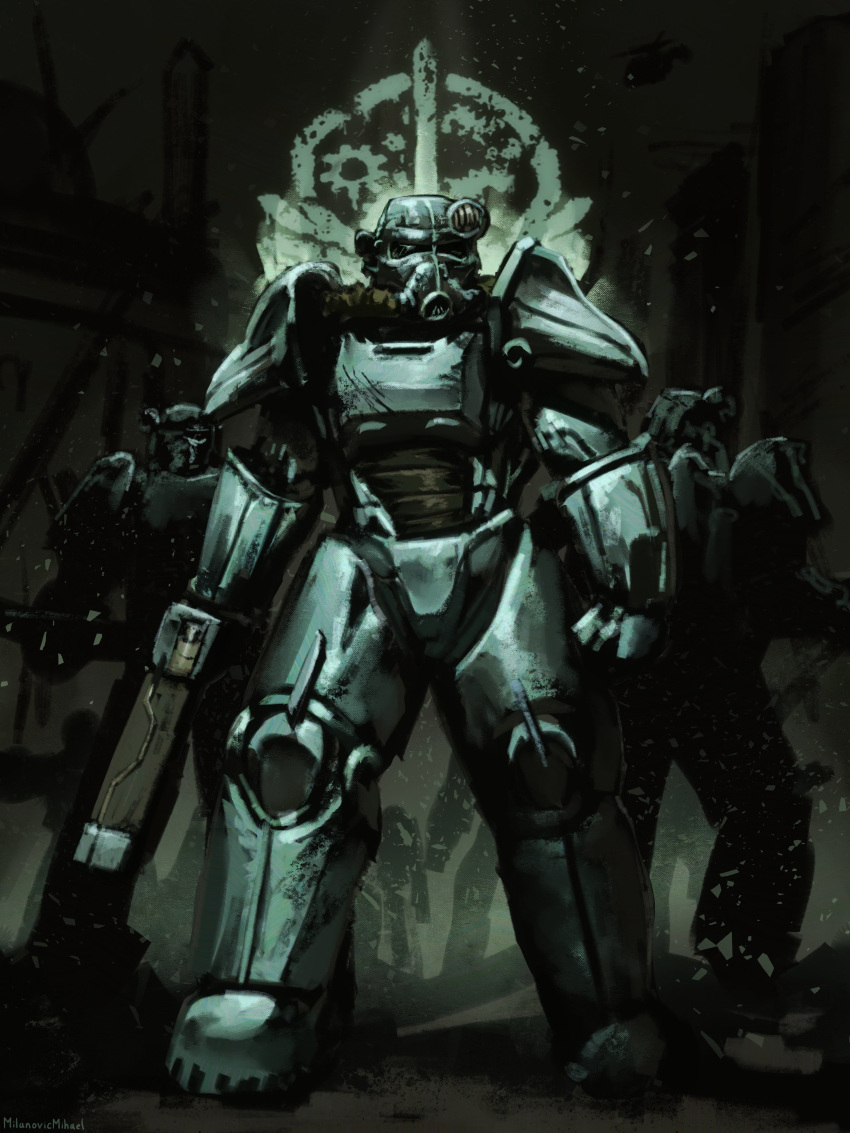 3others, absurdres, brotherhood_of_steel, commentary, energy_gun, english_commentary, fallout, gun, highres, holding, holding_gun, holding_weapon, laser_rifle, logo, mihael_milanovic, multiple_others, power_armor_(fallout), standing, weapon
